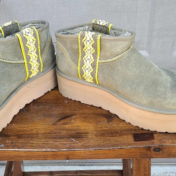 UGG Platform Tsman Braid Ultra Mini Suede shearling Lined Boots size 10 in Olive - Picture 6 of 11